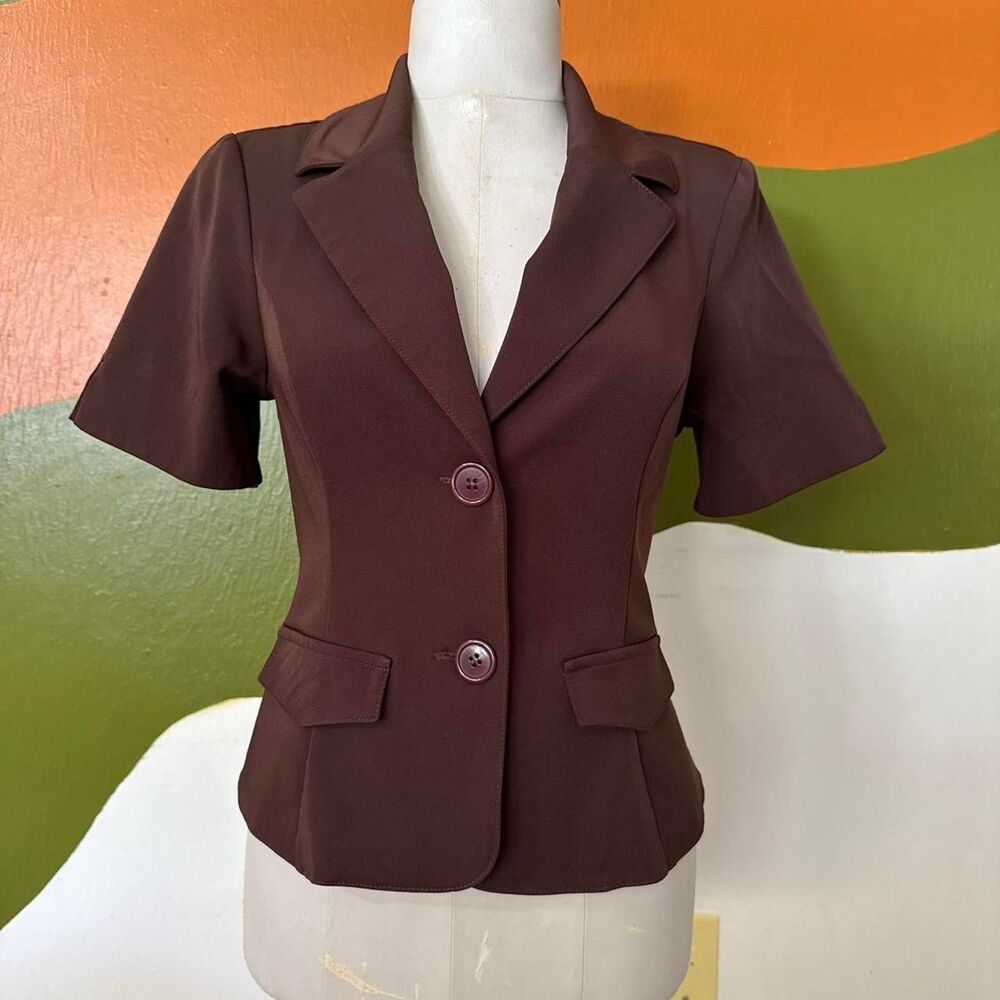 Vintage 90s Brown Short Sleeve Blazer Jacket Top Fitted Corpcore Office Siren M
